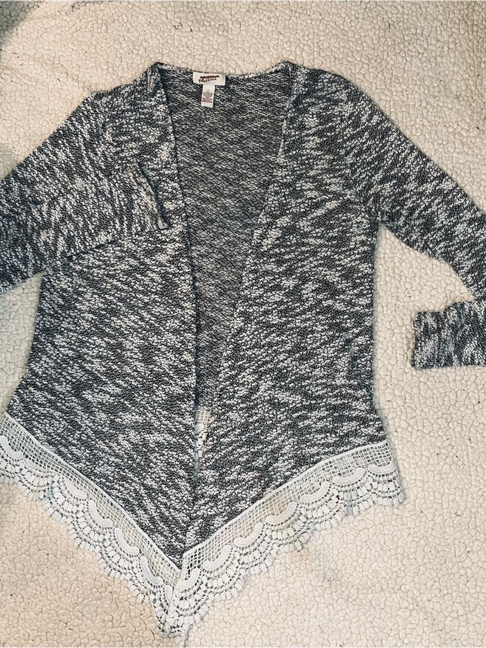 Open-Front Marled Cardigan with Lace Trim - Black/White